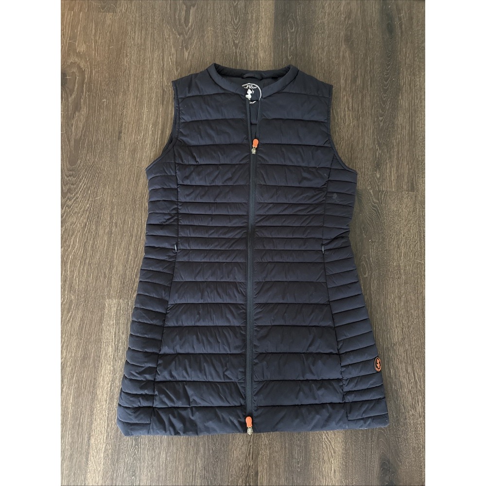 Save The Duck Womens Long Full Zip Puffer Vest Navy Blue Size Medium/2 MINT